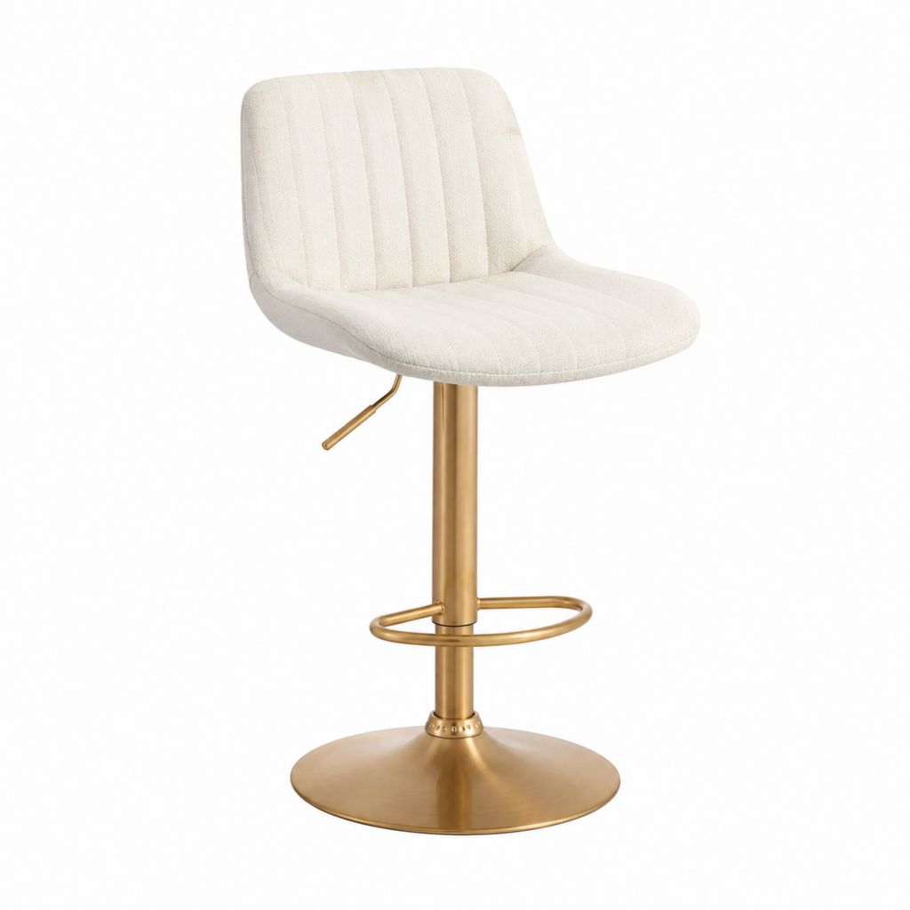 Tabouret de bar réglable crème en polyester avec piètement rond doré 46 x 52 x 91-112 cm