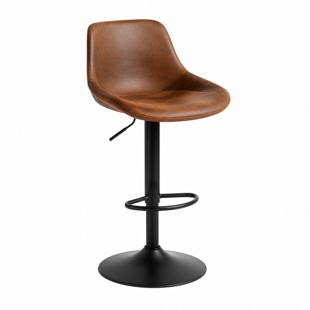 Tabouret de bar réglable brun en cuir synthétique PU avec piètement en acier noir 49 x 52 x 100-121 cm