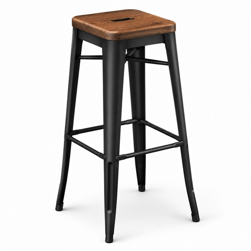 Tabouret de bar carré brun et noir en bois massif et acier 40 x 40 x 76 cm