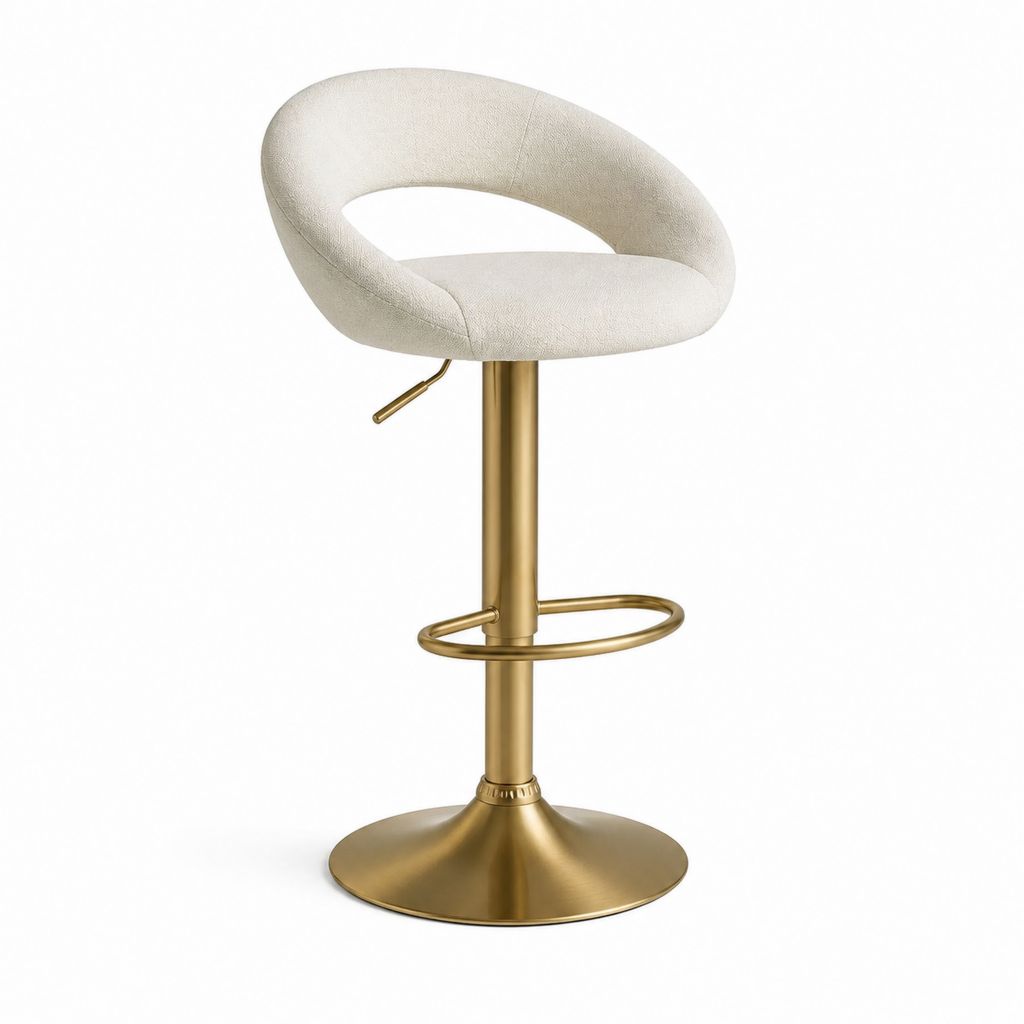 Tabouret de bar réglable pivotant beige en polyester et acier doré 52 x 52 x 93-114 cm