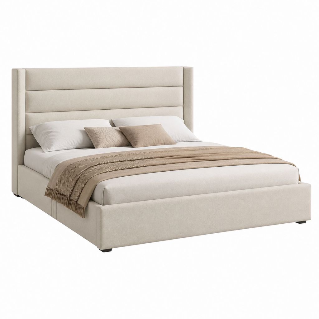 Lit coffre 160 x 200 cm beige en polyester avec tête de lit capitonnée