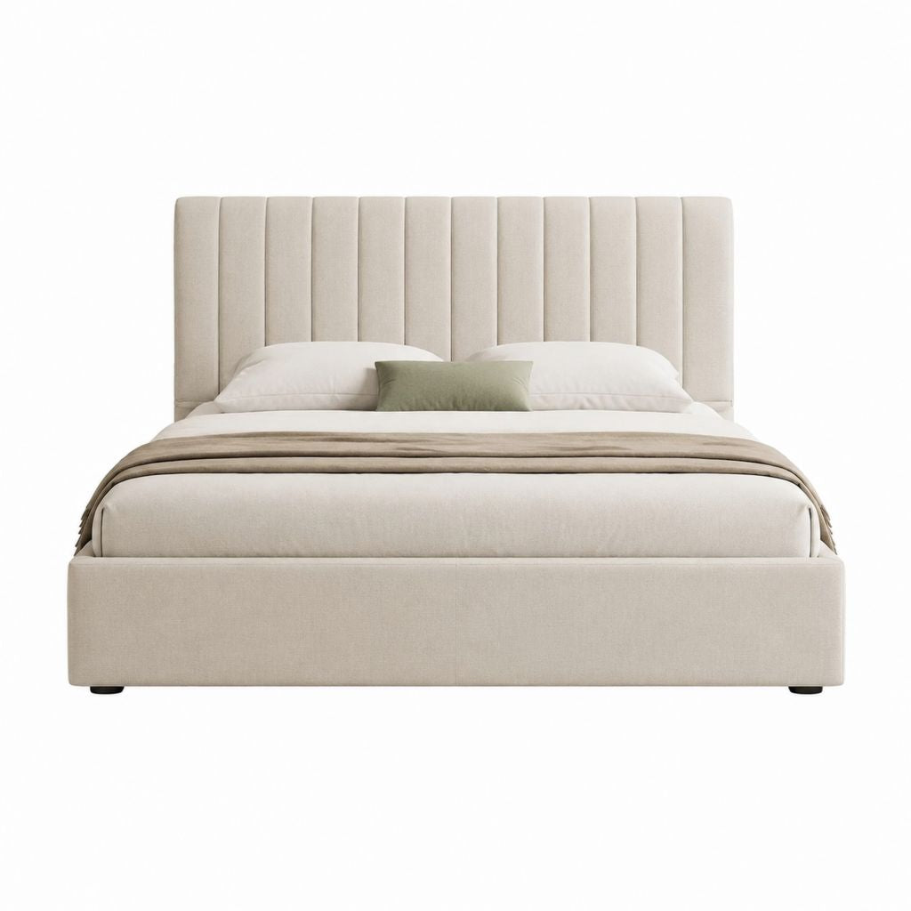 Lit coffre 160 x 200 cm beige en polyester avec tête de lit capitonnée verticale