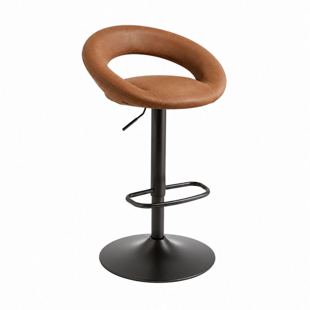 Tabouret de bar réglable marron en cuir synthétique PU avec base ronde en acier 52 x 50 x 86-108 cm