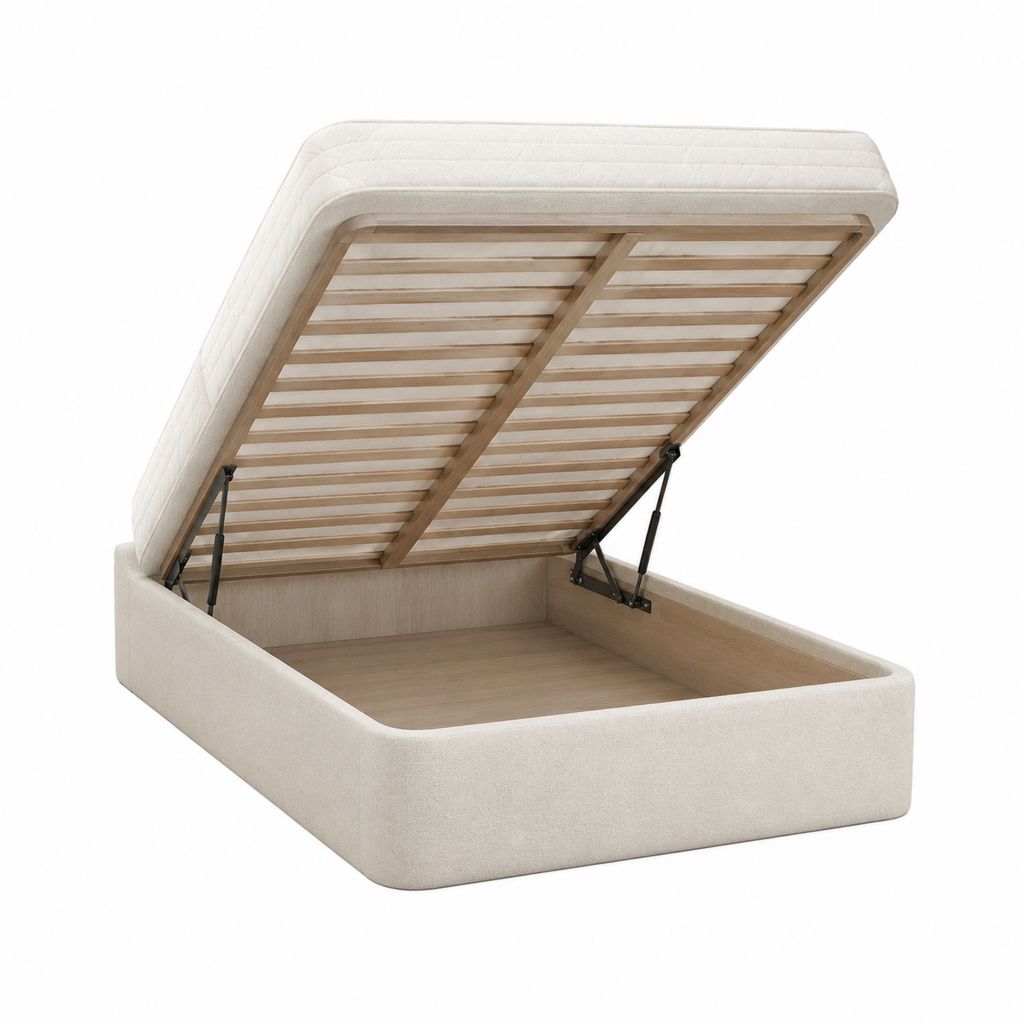 Lit coffre 160 x 200 cm beige en polyester avec sommier à lattes et rangement