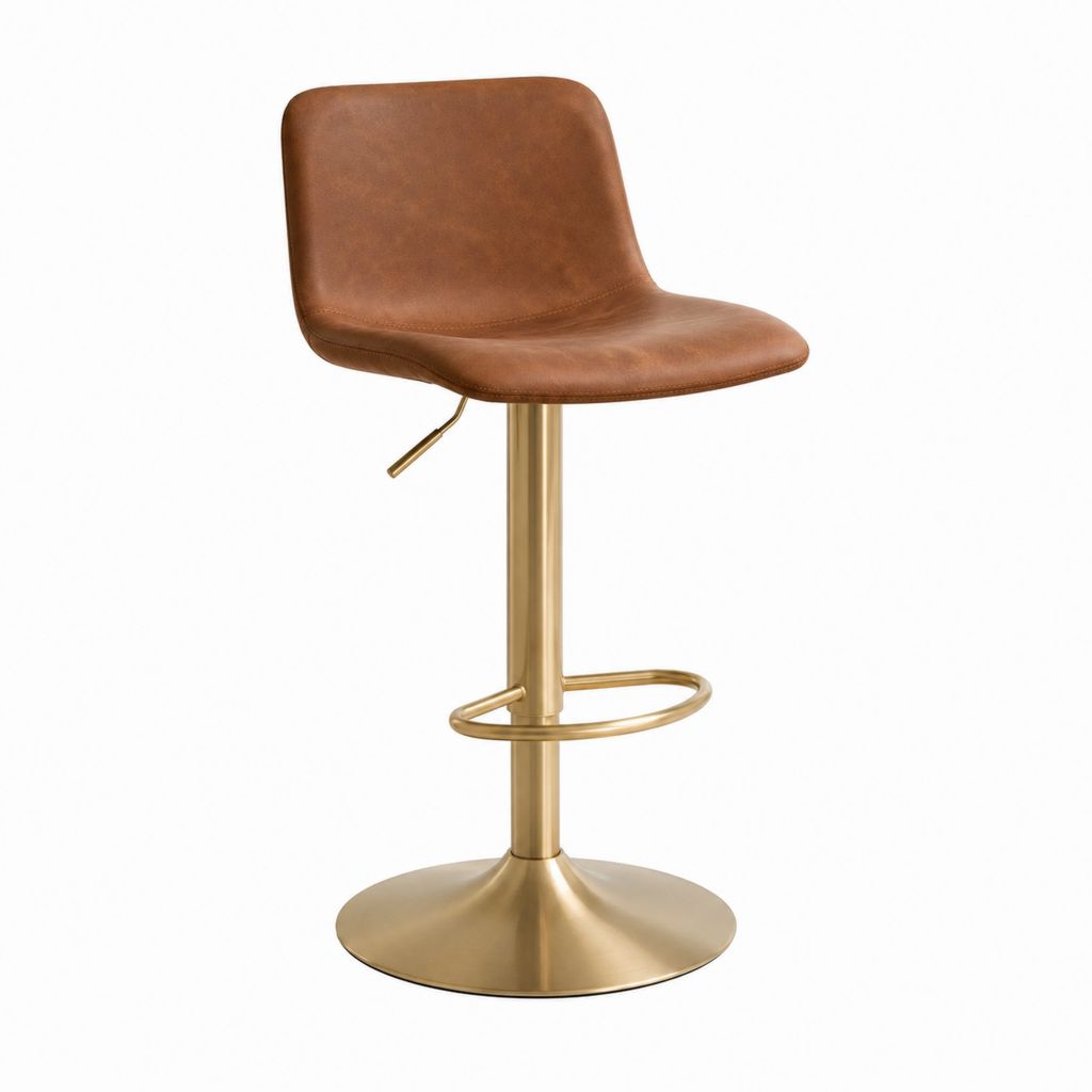 Tabouret de bar réglable brun en cuir synthétique PU avec base ronde dorée 47 x 51 x 90-111 cm