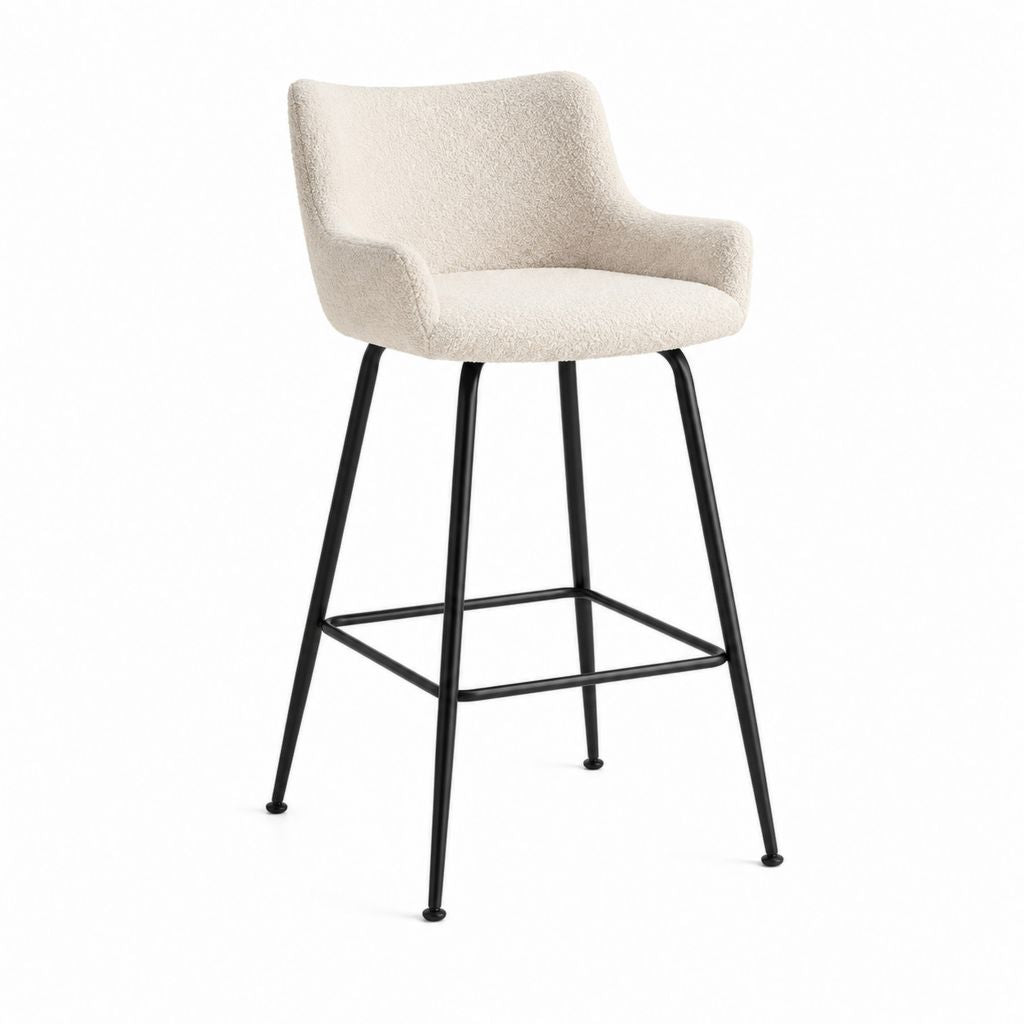 Tabouret de bar avec accoudoirs écru en polyester bouclette et acier noir 55 x 55 x 100 cm