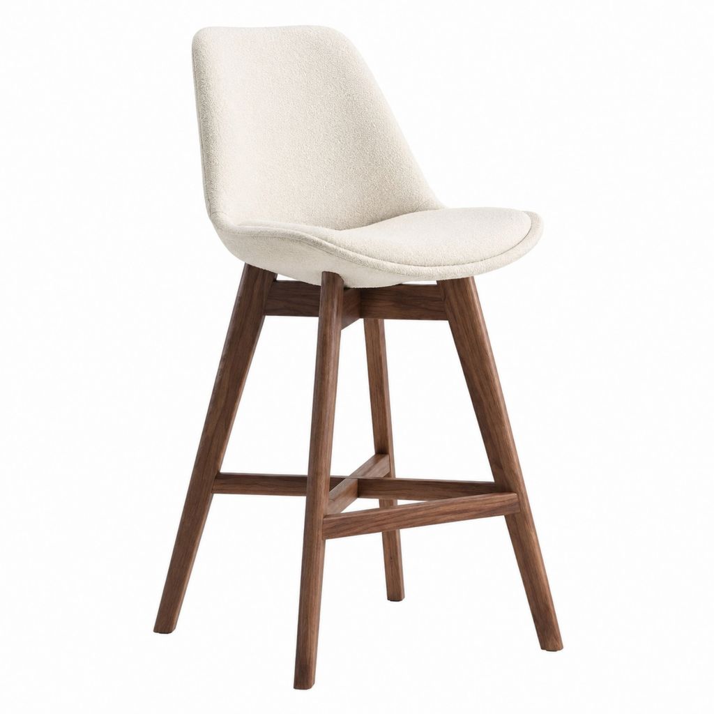 Tabouret de bar crème en polyester bouclé avec piètement en bois massif noyer 48 x 54 x 105 cm