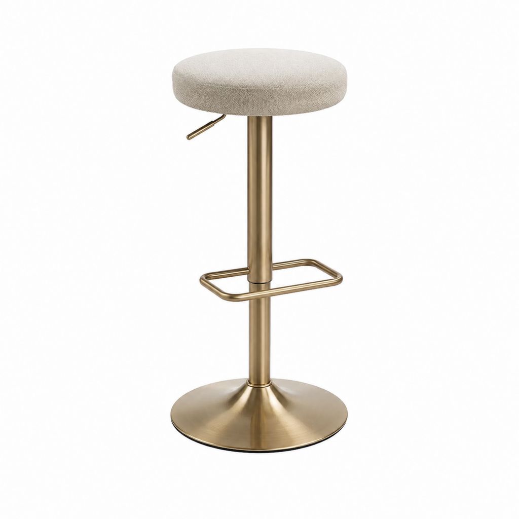 Tabouret de bar réglable beige et doré en polyester acier avec assise ronde Ø 38 cm hauteur 62-84 cm