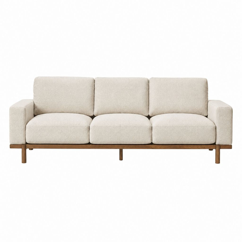 Canapé droit 3 places beige en polyester et hévéa massif 210 x 85 x 82 cm