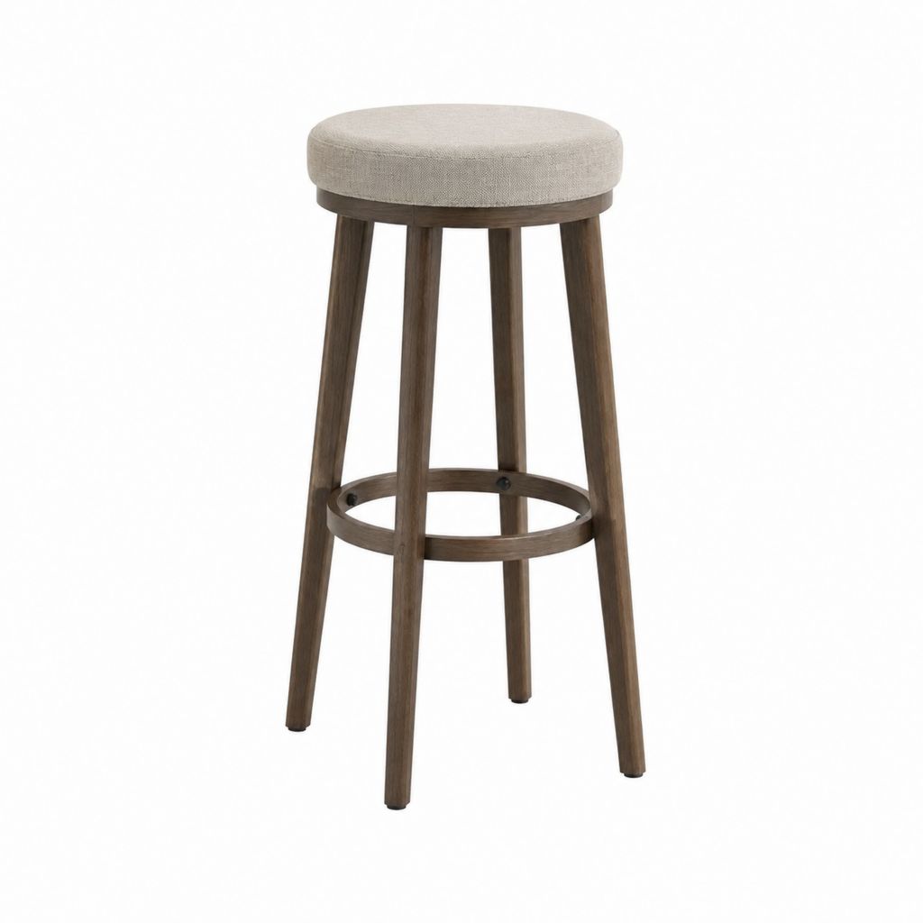Tabouret de bar rond beige en polyester et bois massif teinté brun 40 x 40 x 75 cm