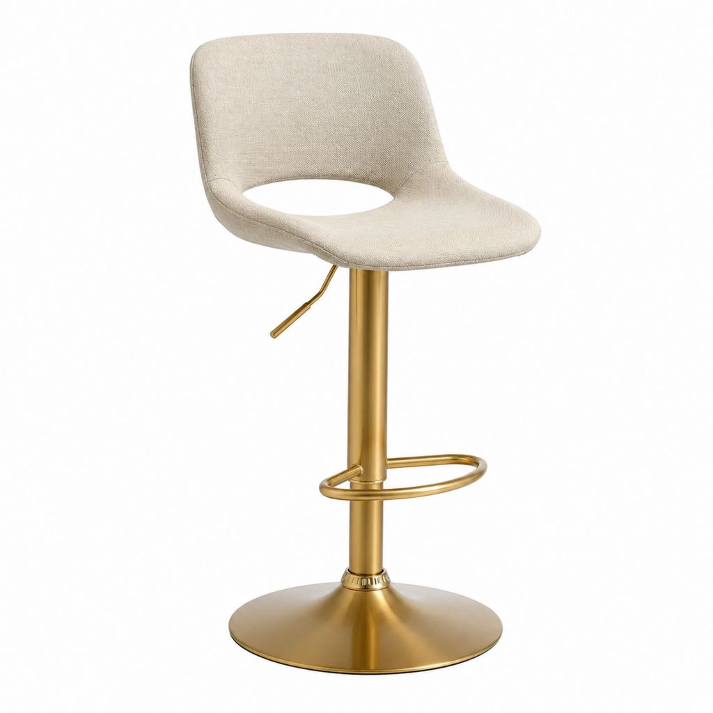 Tabouret de bar pivotant réglable beige en polyester avec base ronde dorée 48 x 50 x 88-109 cm