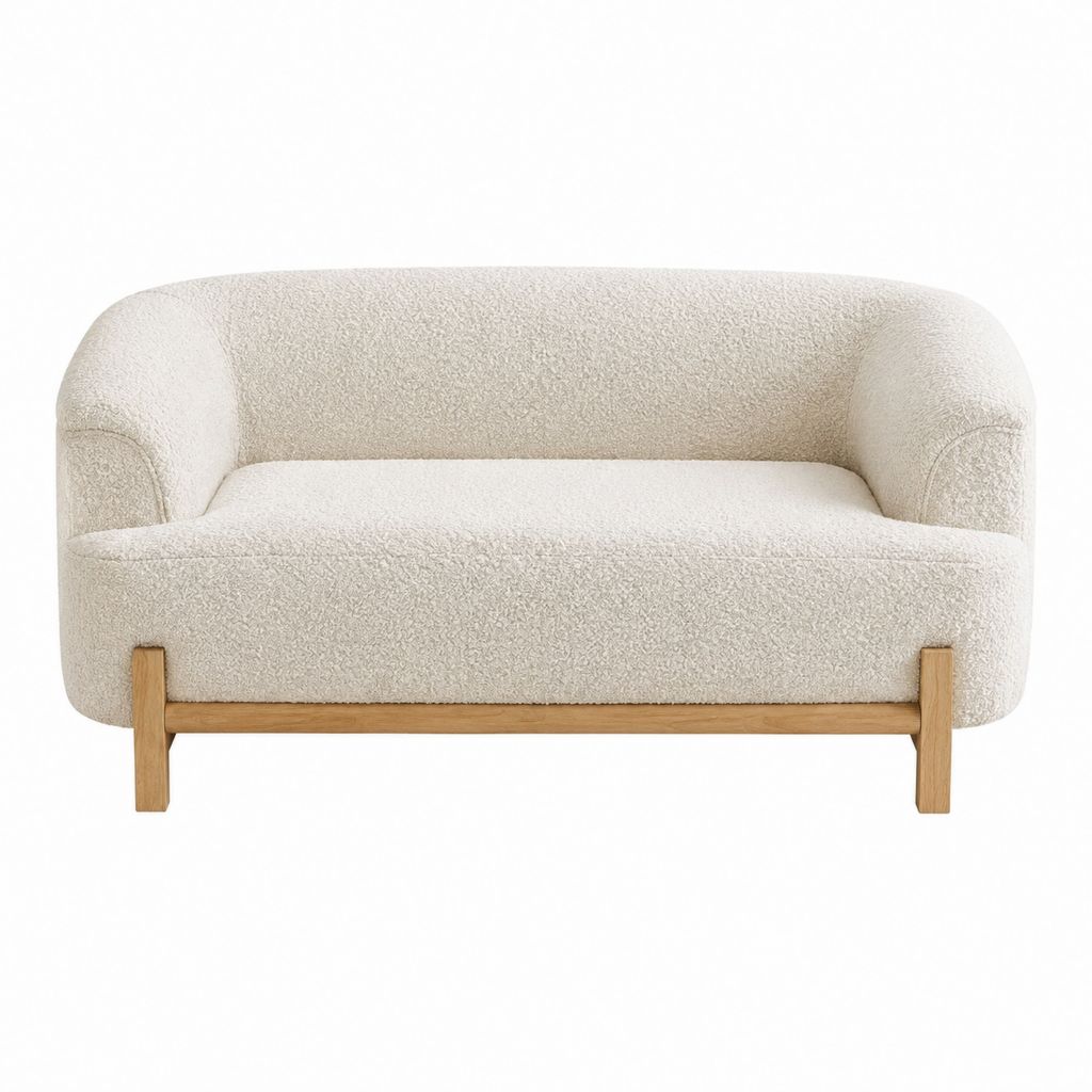 Canapé 2 places écru en polyester bouclette avec pieds en hévéa massif 120 x 75 x 75 cm