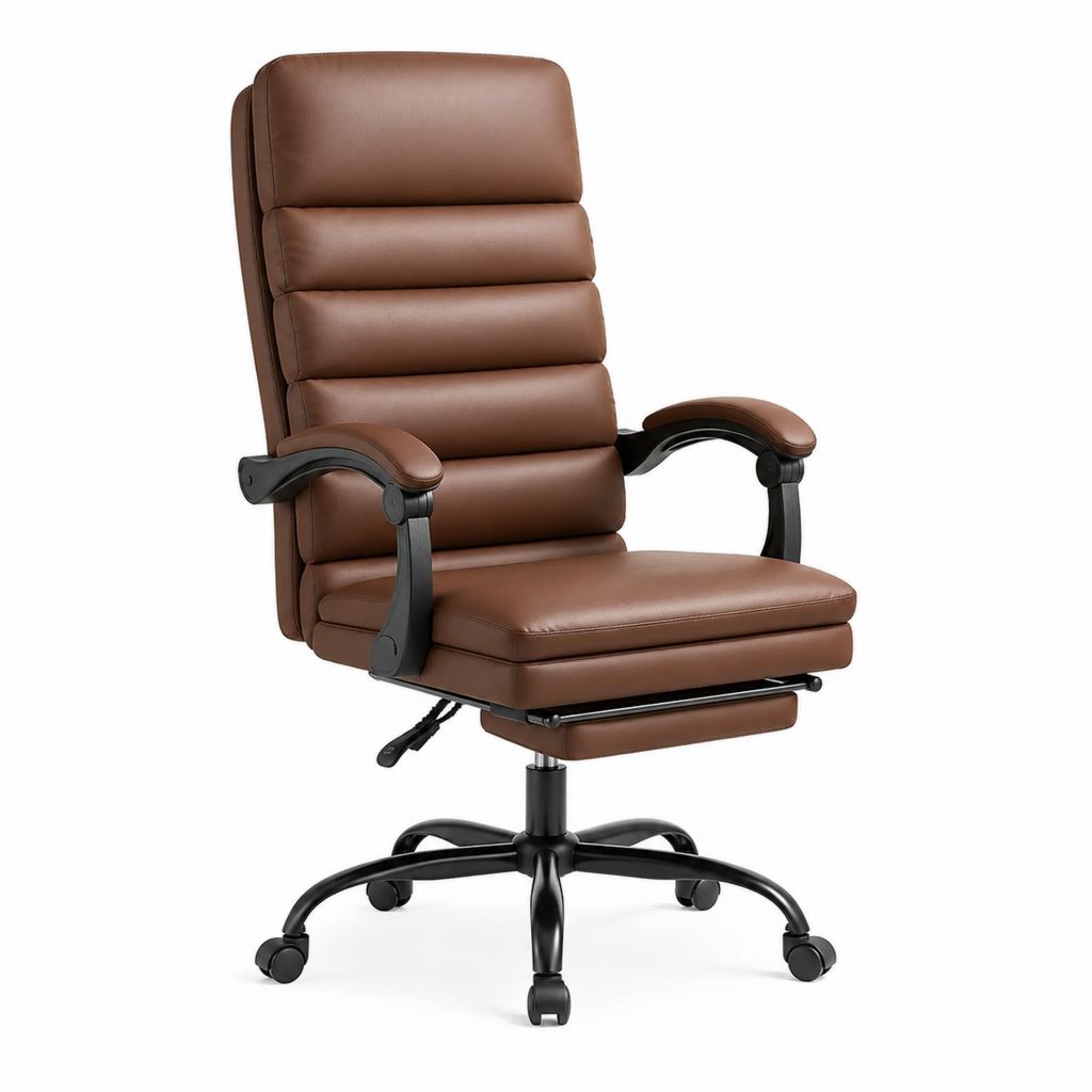 Chaise de bureau ergonomique marron en PU avec repose-pieds et roulettes 68 x 70 x 112-122 cm