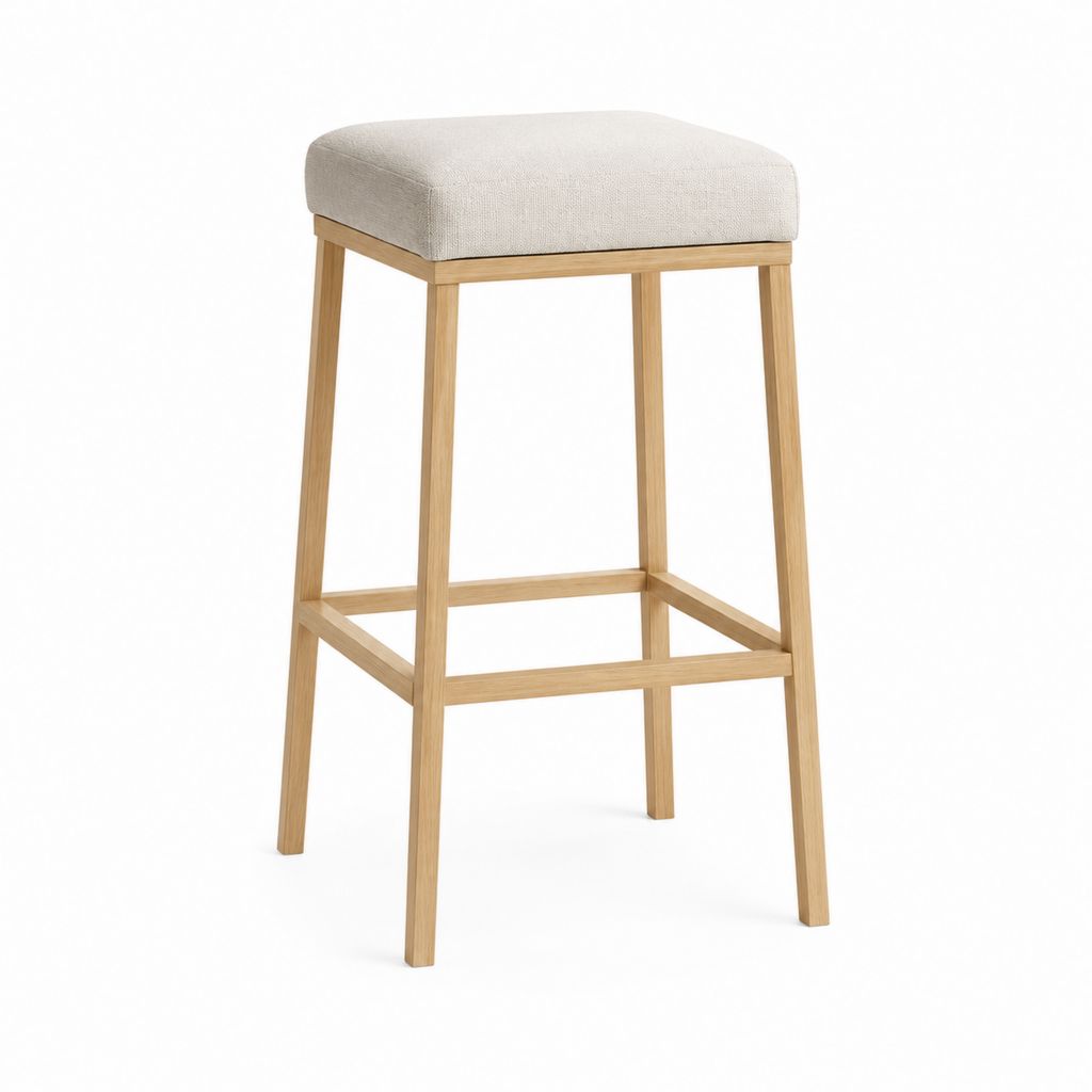 Tabouret de bar carré beige en polyester et chêne massif 42 x 42 x 76 cm